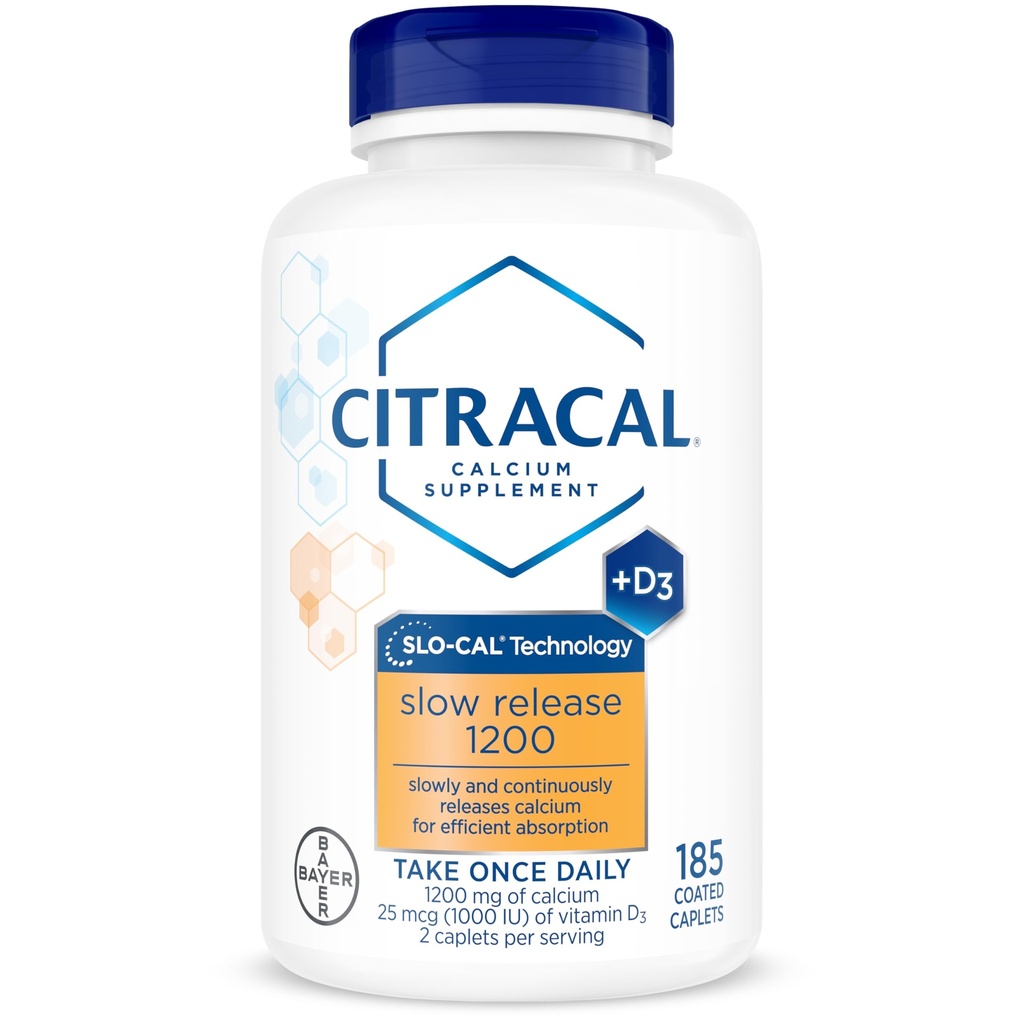 Citrakální pomalý relaese- vápník 1200 mg s vitaminem D3, hořčík, doplněk vápníku, podpora kostního zdraví, Take jednou denně Caplet, 185 Počet