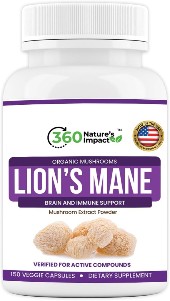 360 Lions Nature 's Impact Mane Houbový dodatek Kapsle (150 Kapsle) pro Brain Health Supplement, Organic Supplement s Beta- Glucans & Hypromelosa pro kognitivní systém