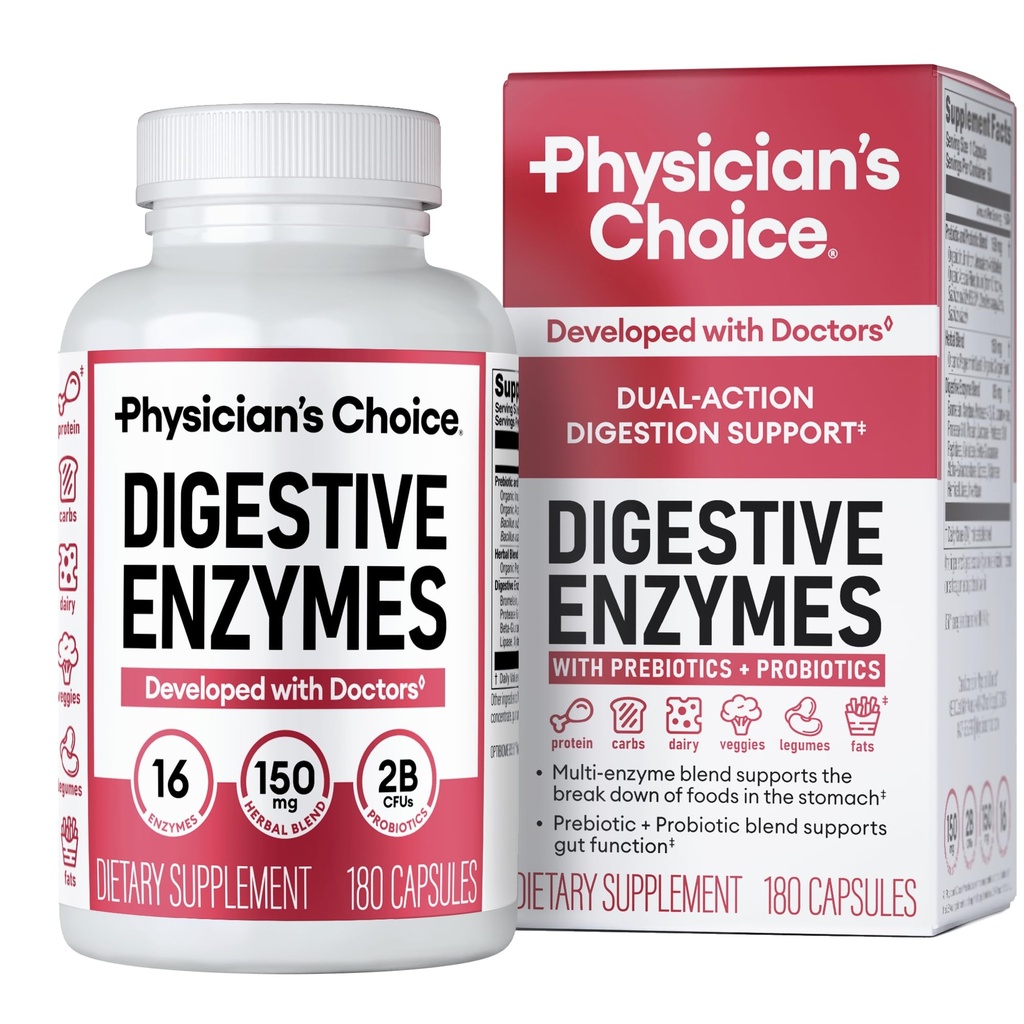 Lékařský choice trávicí enzymy - Multi enzymy, Organic Prebiotics & Probiotika pro stravitelné zdraví & Gut Zdraví - Strava Nepohodlí Relief & Bloating - Dual Action Approach - 180 CT