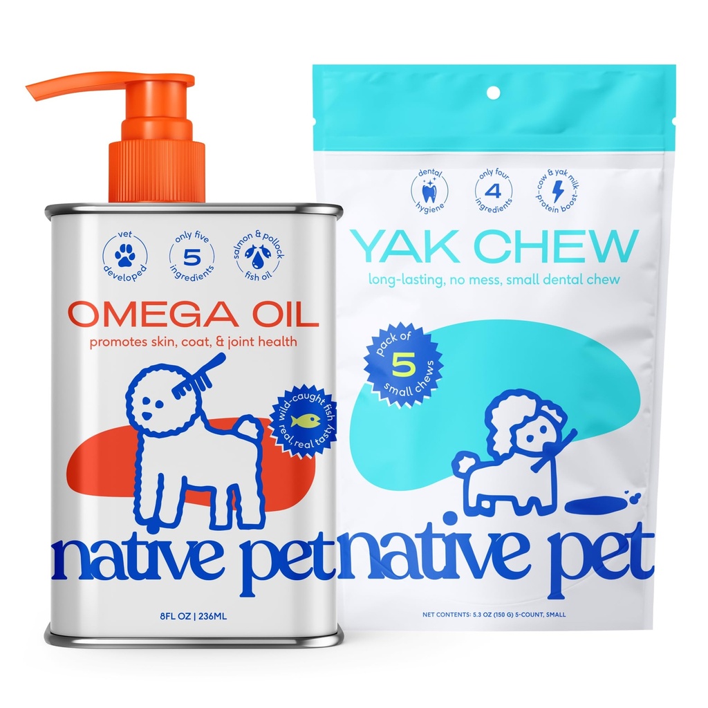 Native Pet Omega Oil for Dogs - Rybí olej doplňky 8 Oz & 5 Malé Žvýkačky pro psy 124; Pasture- Raised and Organic Yak Cheese Himalayan Churpi Sticks