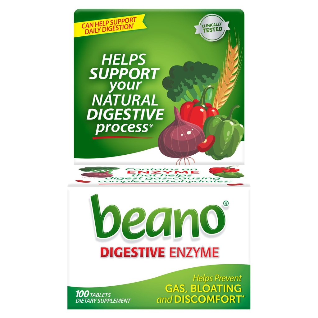 Beano trávicí enzym, Preventivní úleva od plynu pro dospělé, pomáhá zabránit plynu a nafouknutí, 100 tablet