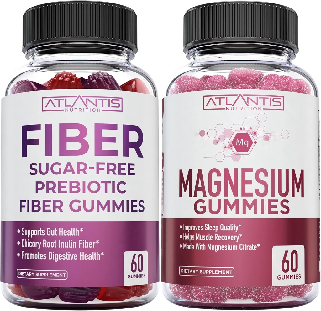 Atlantis Nutrition Sugar Free Prebiotic Fiber Gummies pro dospělé 2- Pack (120 Gummies) + Magnesium Gummies - 770 MG Magnesium Citrát 60 Gummies
