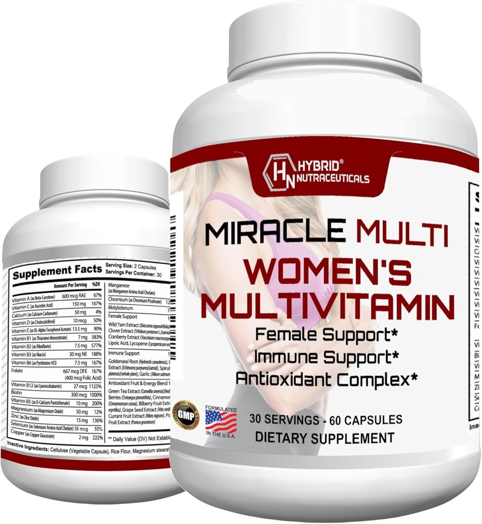 MiracleMulti Multivitamin pro ženy - Fáze ženské podpory, Imunitní podpora, Minerály, Biotin, Antioxidanty a Superfoods Blend - 60 Kapsle