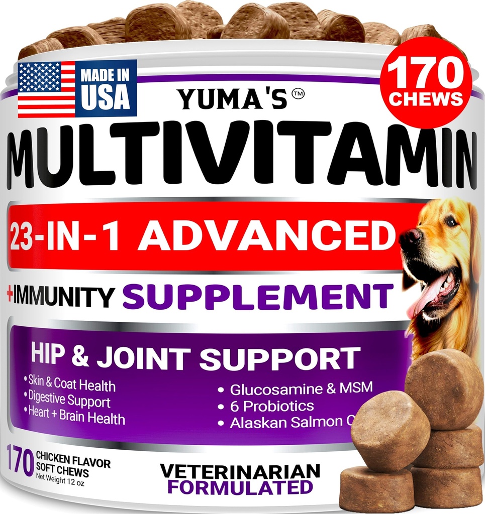 Pes Multivitamin Žvýkací s Glucosamine - Dog Vitamíny a doplňky - 170 léčby - Senior & Puppy Multivitamin pro psy - Hip & Společná podpora - Imunitní zdraví, kůže, srdce, Digestion, Probiotika