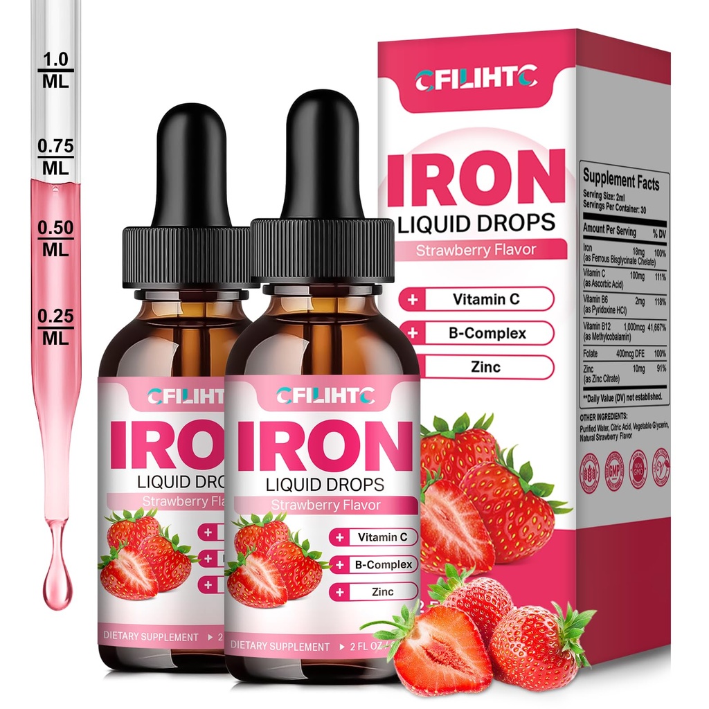 Liquid Iron dodatek pro ženy Muži a děti Multivitamin Železné Kapky s folátem, Vitamin C, B6, B12, Zink pro anémie, Nedostatek železa, Krevní stavitel, Energie - Přírodní jahodové aroma, Vegan 4 Fl Oz