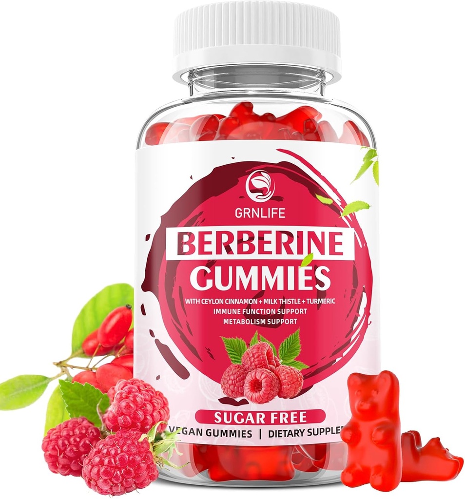 Berberine Gummies s Ceylon Skořice 1500mg High potency Berberine HCL dodatek pro imunitní a metabolickou podporu, bez cukru, Malina Flavor - 60 Počet