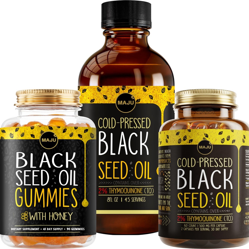Maju Superfoods Black Seed Oil 3- in-1 Bundle, gumové, kapsle, & Liquid