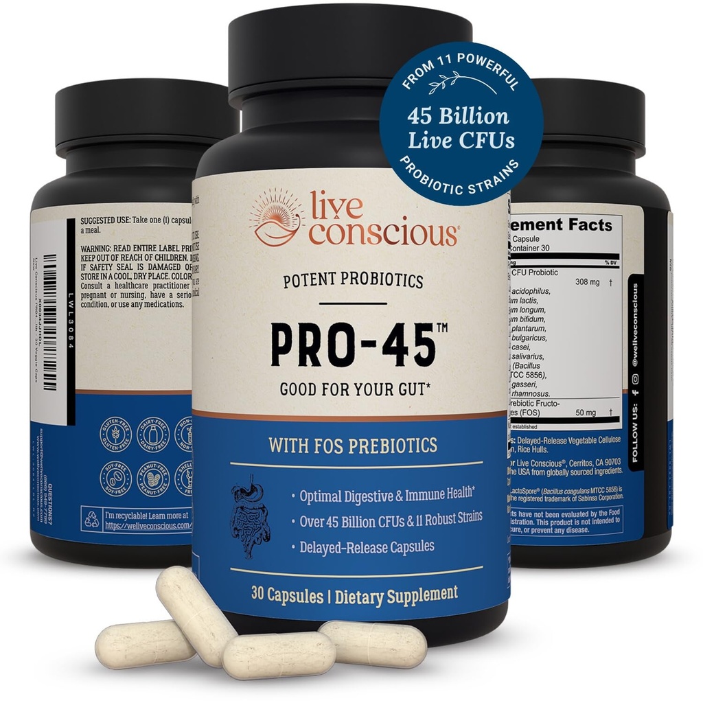 Live Conscious PRO45 Probiotika pro ženy a muže: Komplexní Formule, 45 Miliardy CFU, 11 Strains, Dairy Free - w / Prebiotics and Probiotics - Promotes Immune & Gut Health - 30 Veggie Caps