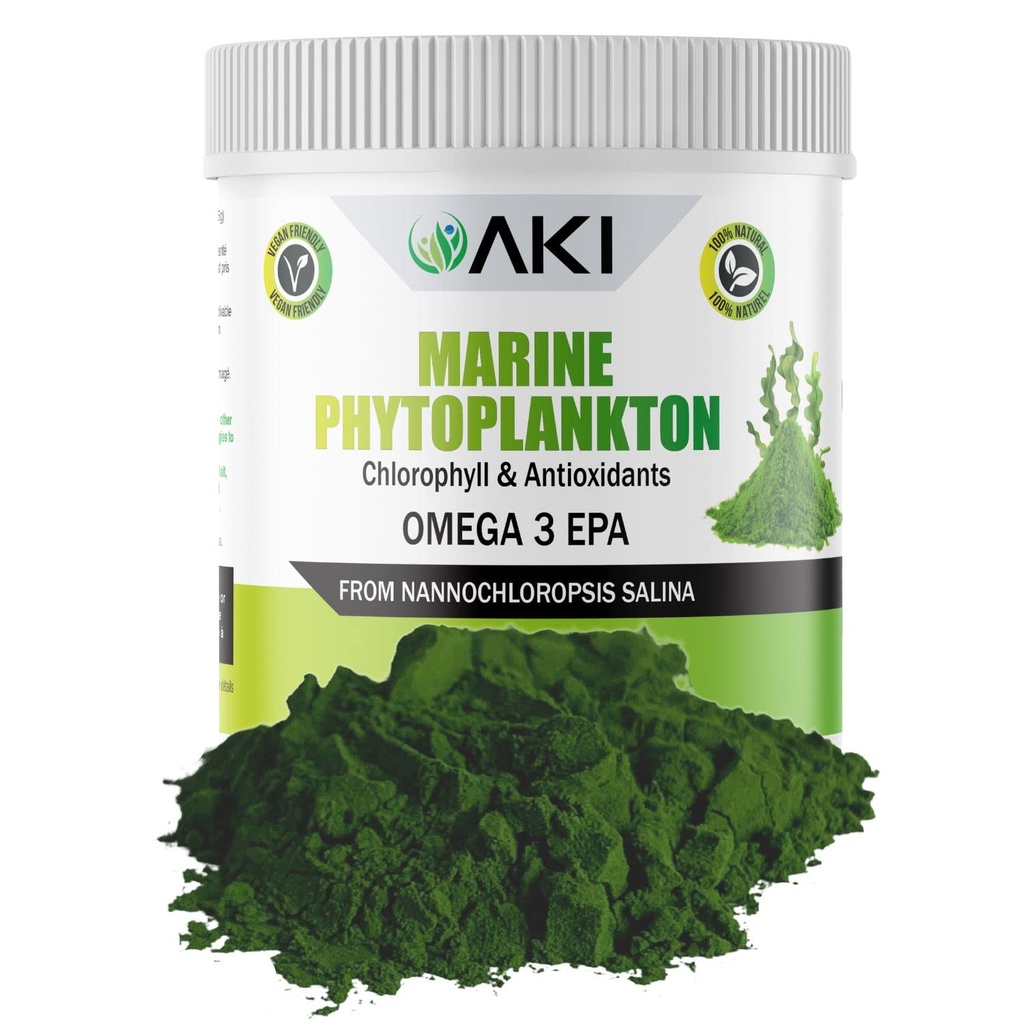 AKI Marine Phytoplankton Powder - Source of Raw Omega33 EPA Micro Alkya Nannochloropsis - Plant Based Proteins, Vitamíny pro celkové Wellness - Complete Protein Source, Vegan & GMO Free (2oz / 57g)
