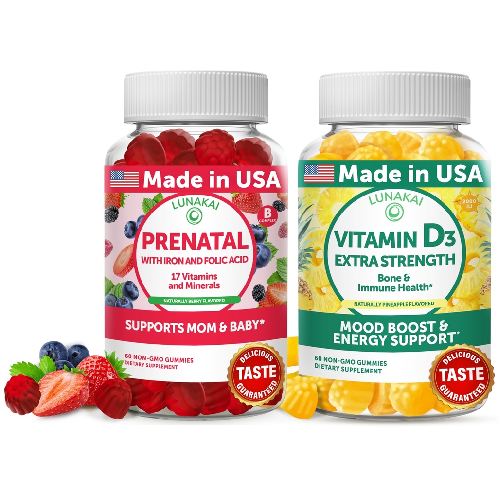 Lunakai Prenatal a vitamín D3 Gummies Bundle - Těhotenství Multivitamin Gummy s kyselinou železnou a listovou - Imunita, Kost a Mood Supplement pro dospělé - 30 dní dodávky
