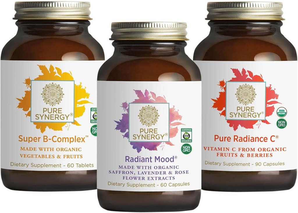 PURE SYNERGY Mood and Adrenal Support Bundle 124; Mood Support Supplementary with Organic Saffron Extract Extract 124; USDA Organic Vitamin C Supplex 124; Vitamin B Complex Made with Whole Foods Auth124; Non- GMO and Vegan