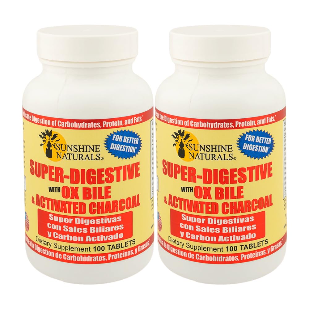Sunshine Naturals Super Hudební dodatek. Ox Bile & Activated Charcoal for Digestive Support, Bloating Relief, Gut Cleanse, Nutrient Absorpce, a Celkově Wellness. 100 tablet. Balení po 2 ks