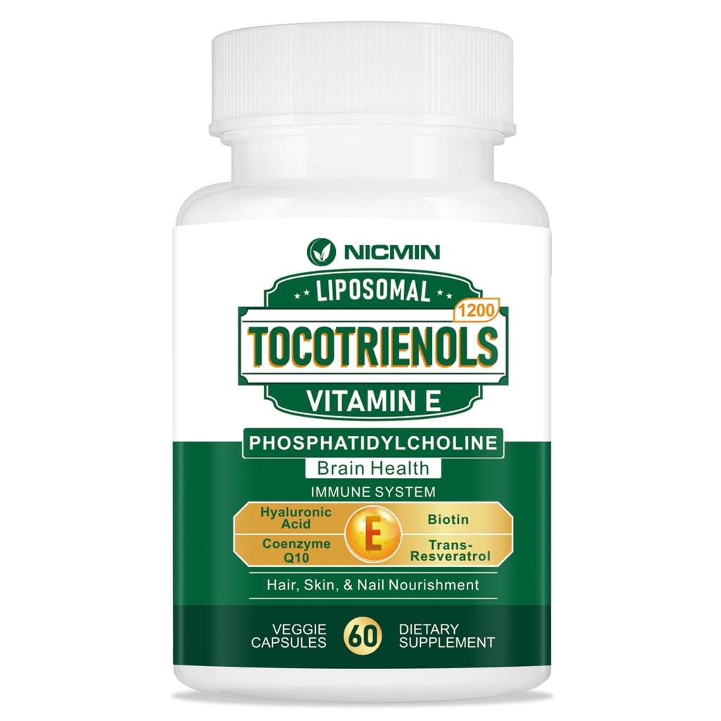 1200MG Vitamin E Tocotrienoly Liposomální Tocotrienoly Dodatek s Fosfatidylcholin, 95% Delta- tocotrienoly a 5% Gamma- tocotrienoly, vysoká absorpce pro srdce, funkce mozku 60 Kapsle