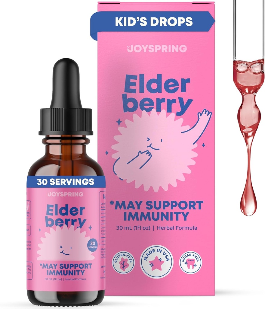 JoySpring Elderberry pro Toddlers & Kids Imunitary Support Liquid (1 fl oz) 124; Organic Toddler Elderberry Drops with Vitamin C C124; Natural Flavor C124; Veganský dodatek