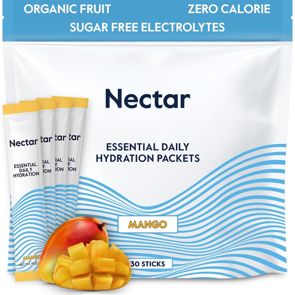 Nektar Hydratační balíčky - Electrolytes Powder Packets - Sugar Free & 0 Calorie - Organic Fruit Liquid Daily IV Electrolytes Powder for Dehydratation Relief & Rapid Rehydratation (Mango 30 Pack)