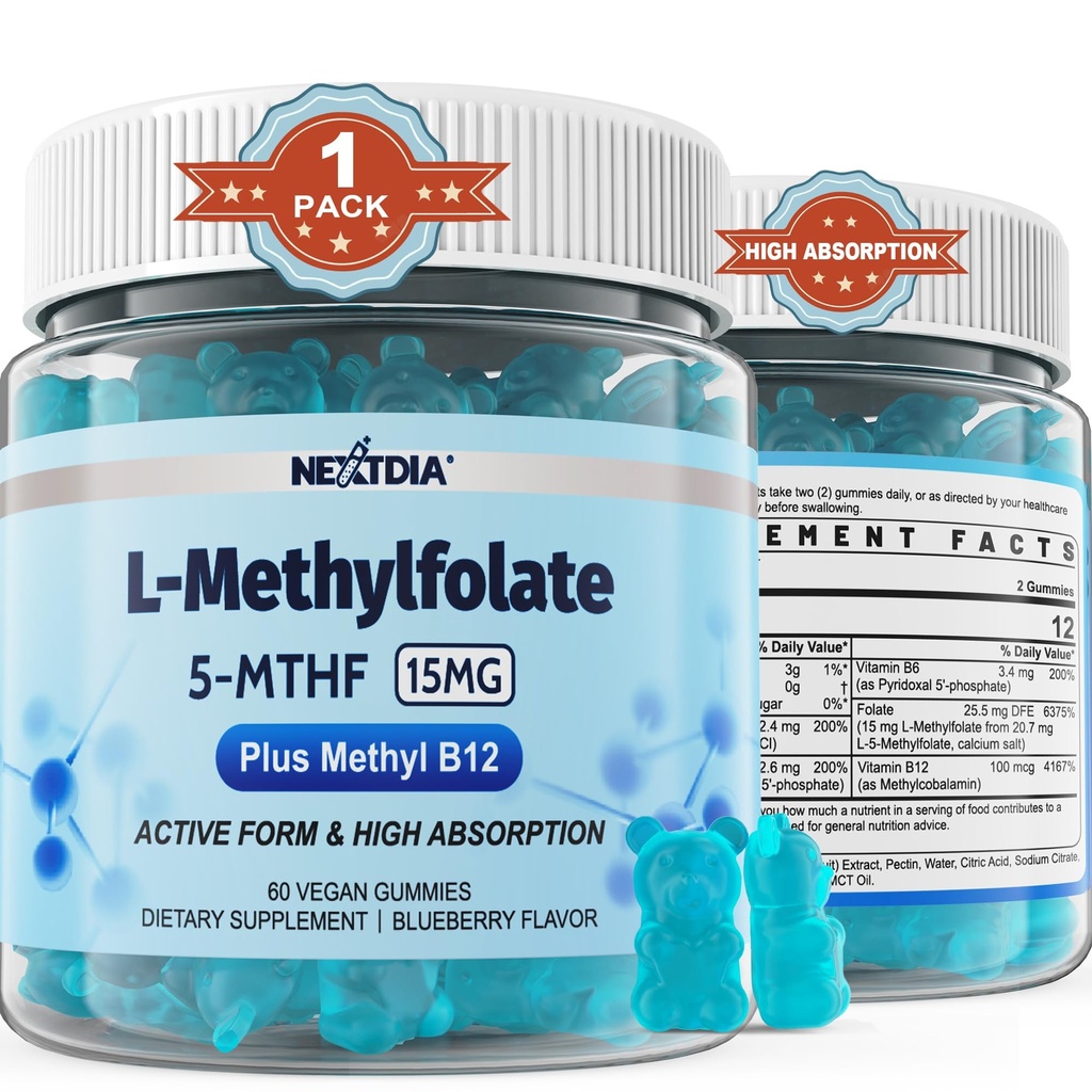 L- methylfolát 15 mg & methyl B12 Gummie, Methylovaný B1, B2, B6 Multivitaminy - Aktivní 5- MTHF & High Absorpce - Podporuje MTHFR Gene, Cognition, Homocysteinové hladiny, Folátový metabolismus, Vegan, 60 Cts