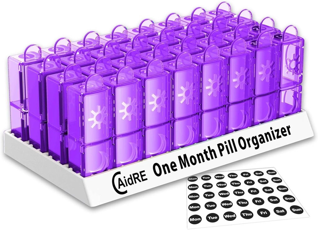 Měsíční Pill Organizátor 31 den PM - Jeden měsíc Pill Pouzdro pro léky, Vitamíny a doplňky - Easy Open Daily Pill Box Organizátor, 2 krát denně Pill Disperser, Purple