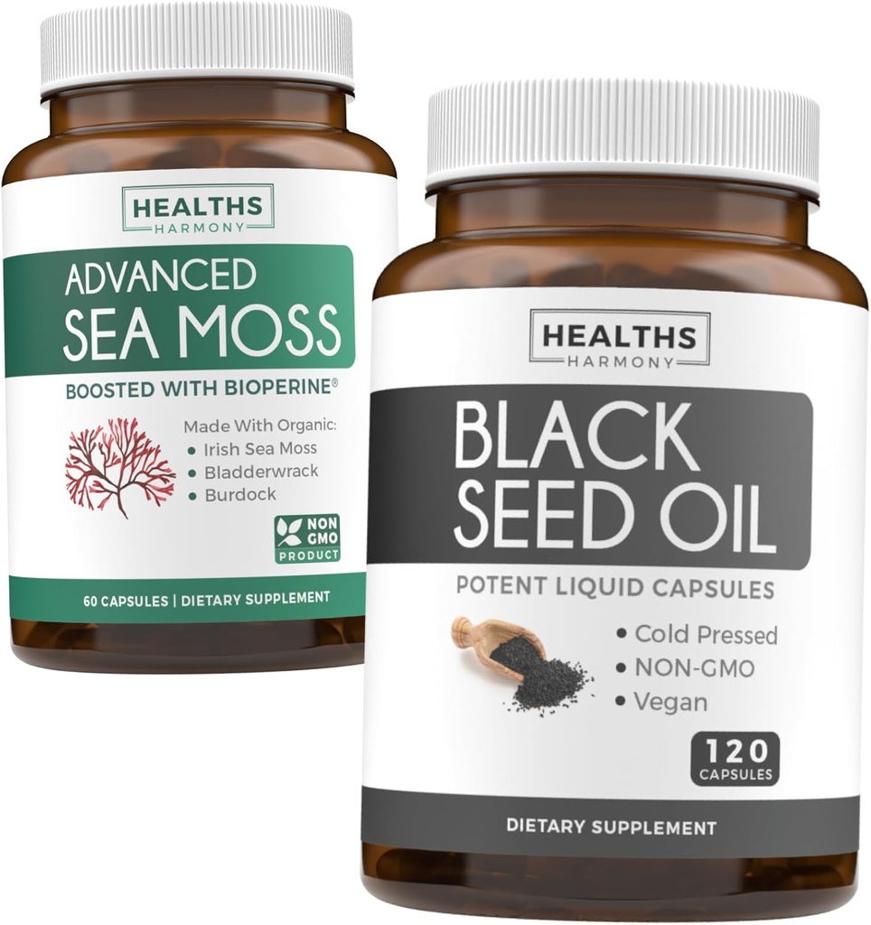 Black Seed & Sea Moss (1-Month Supply) Nurishing Nature Bundle of Black Seed Oil 120 Softgel Kapsle (Non- GMO & Vegan) Cold- Pressed Nigella Sativa & Irish Sea Moss Kapsle (Non- GMO & Organic)
