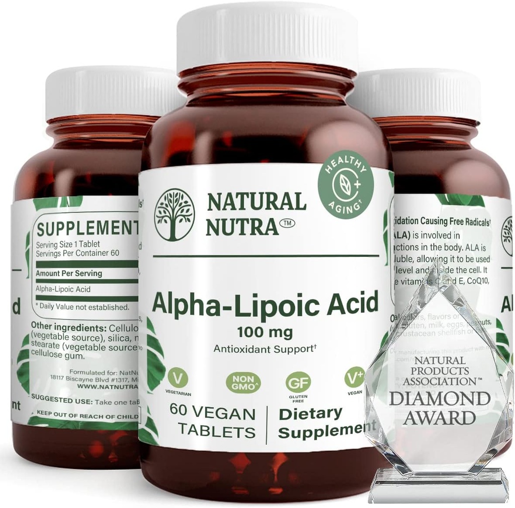 Natural Nutra R- Alpha Lipoic Acid, Zlepšit zdraví kostí a srdce, zlepšit paměťovou funkci, zlepšit nervové funkce přispívá k celkovému zdraví, gluten zdarma 100 mg, 60 Vegan a Vegetariánské tablety.