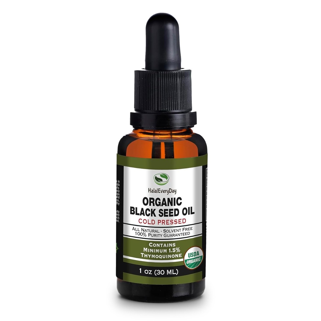 Organic Black Seed Oil - USDA Certified Cold Pressed Glass Bottle Over 1.5% Thymoquinone 3X force Turkey Black Cumin Nigella Sativa non-GMO 100% Pure Blackseed Oil (1oz Glass Dropper Bottle)