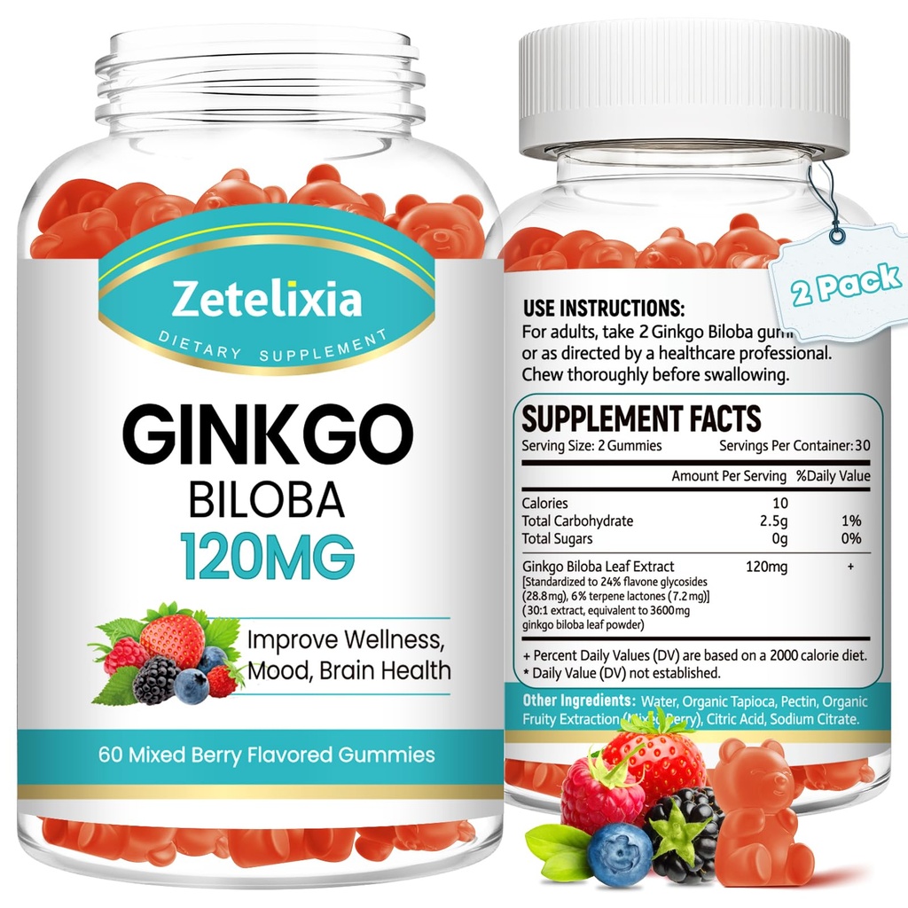 2 Pack Ginkgo Biloba Gummies pro ženy a muže, Mozkový dodatek Zlepšit lepší nálada a soustředění, Vegan Mixed Berry Flavor 120 Počet