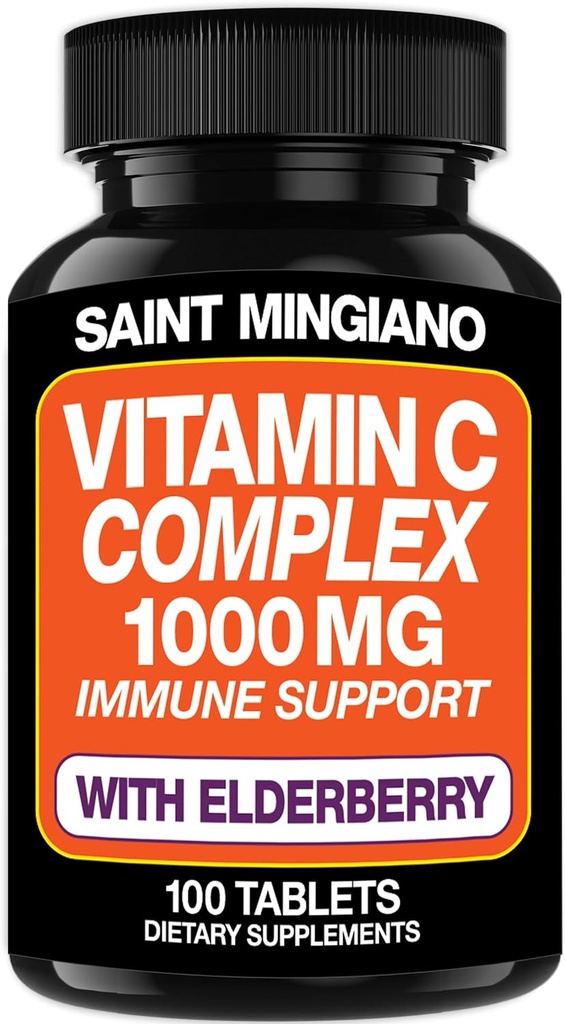 Vitamin C 1000mg s doplňkem k Elderberry - Dvoulůžkové standardní dávkování se 14 specifickými obohacenými složkami - 100 tobolek / 3 měsíční zásoba