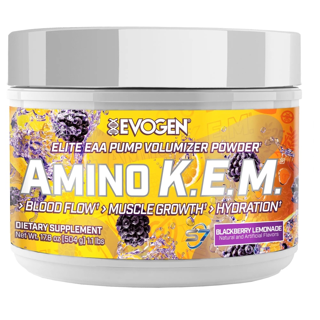 Evogen Amino K.E.M. - EAA & BCAA Powder Pump Volumizer CU124; BCAA Amino Acids Supplementary for Blood Flow, Muscle Growth, & Hydration CU124; BlackBerry Lemonade CU124; 30 Servings