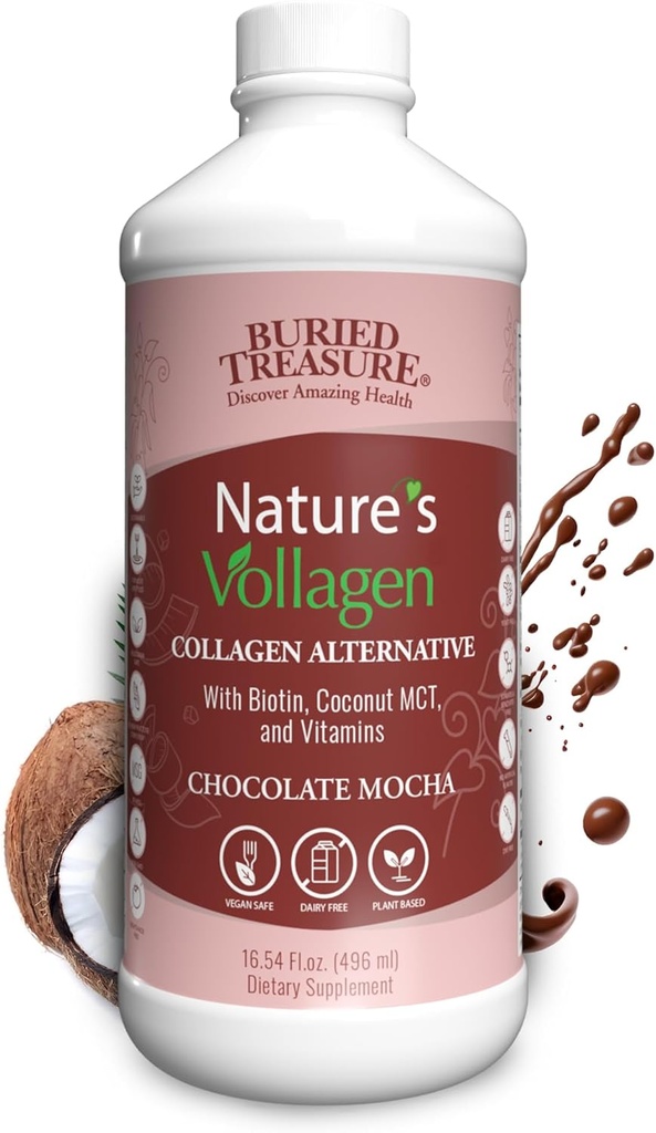 Pohřbený poklad Příroda Vollagen - 2000mg Vollagen Complex, kůže, vlasy, a společné zdraví, 100% Plant- based, gluten- Free, Soy- Free, Dairy- Free, Chocolate Mocha Flavor, 16oz Liquid