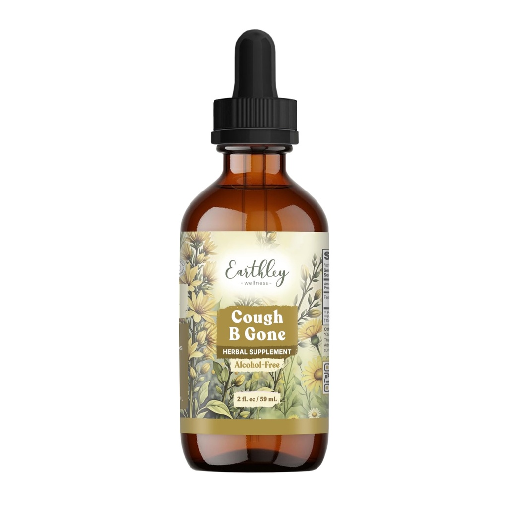 Earthley Wellness, Cough- B-Gone, Alcohol- Free Bylinná tinktura pro děti a dospělé (6 měsíců +), Cold and Cough Remedy, Soothes Sore throats, Promotes Lung Health, a Detoxifikace (2oz, Děti)