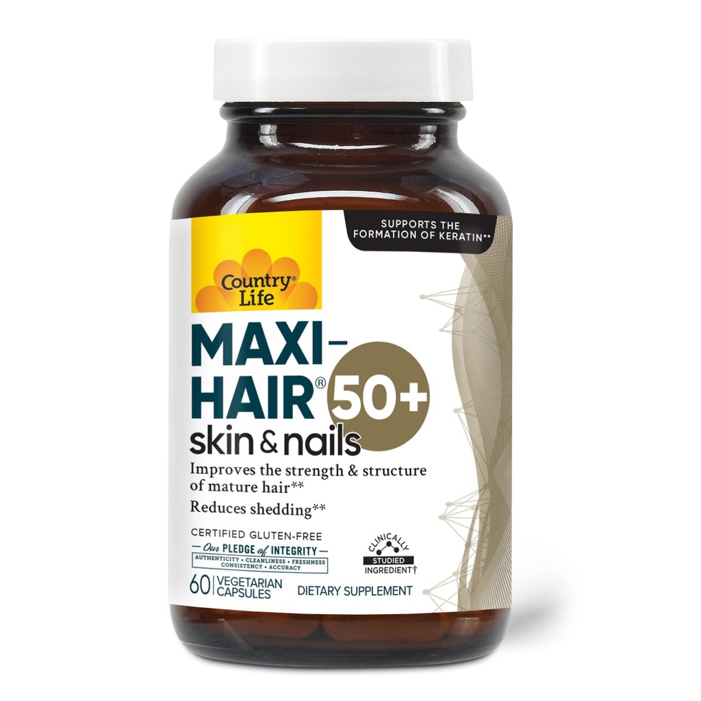 Country Life Maxi- Vlasy 50 + - Biotin- based vlasy, kůže a nehty dodatek pro ženy a muže nad 50 cd 124; Podporuje zdravý růst vlasů & snížená prolévání 124; Certified gluten- Free & Vegetarian cd 124; 60 Kapsle