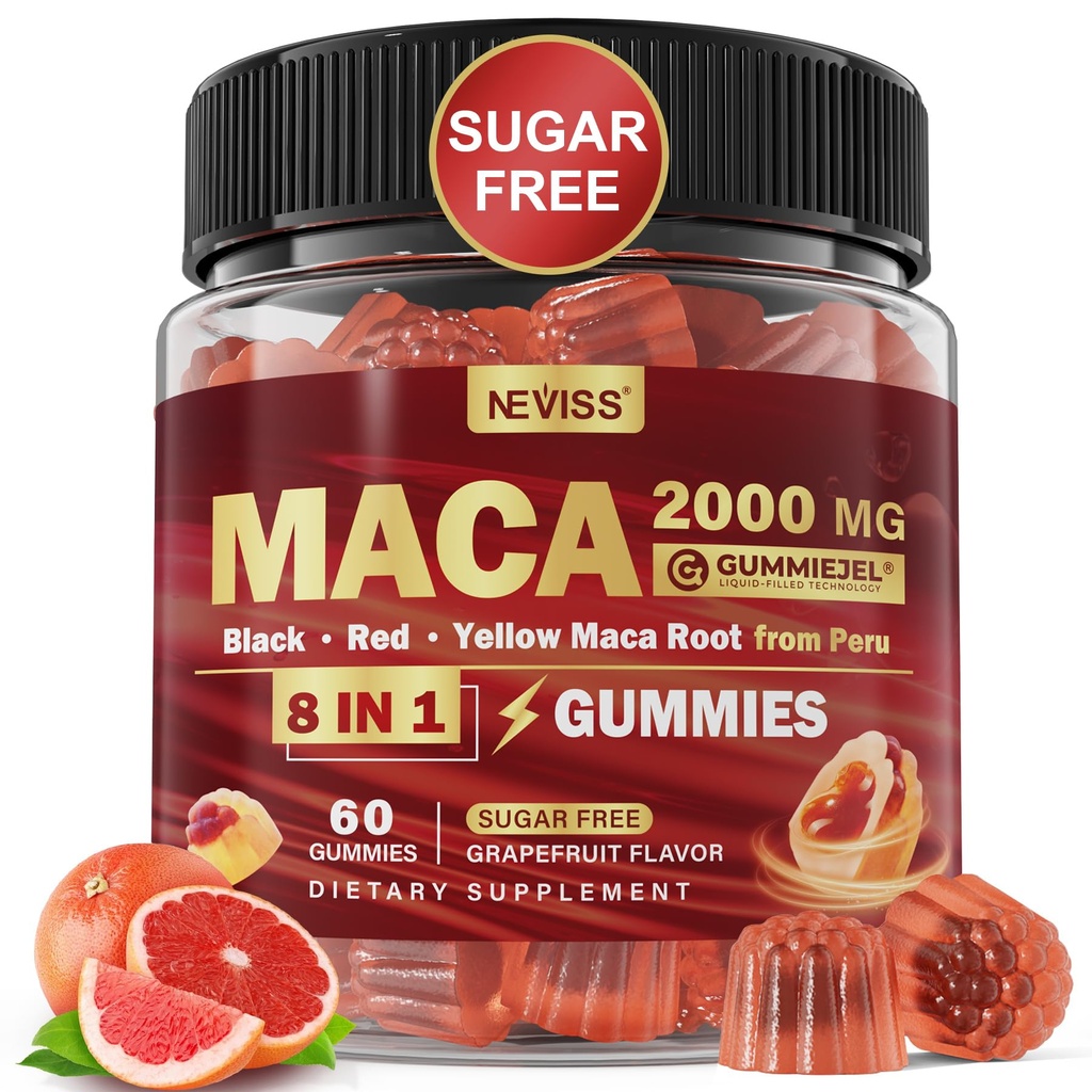 Maca Root plněné žvýkačky 2000mg pro ženy Muži 124; Cukr zdarma 124; Organic Black, Red, Yellow Maca Root Supplement Gummy Chews with Ashwagandha Ginseng & Zinek 124; Vegan, Non- GMO, Grapefruit Flavor, 60 Počet