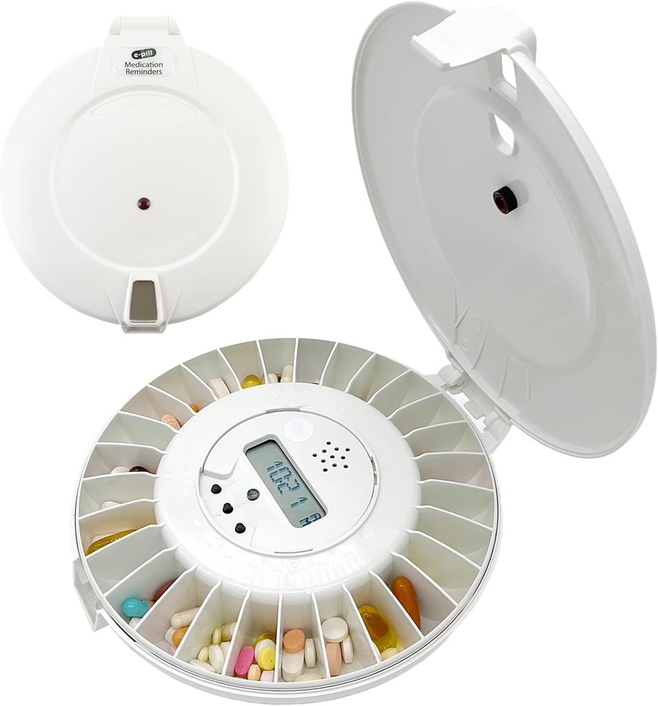 e- Pill MedTime Zamčený automatický dávkovač - Bezpečný, Easy- to- Use Medication Organizátor s 24 denní pohotovosti - Ideální pro seniory, demence, a Alzheimer 's Care - White Lid