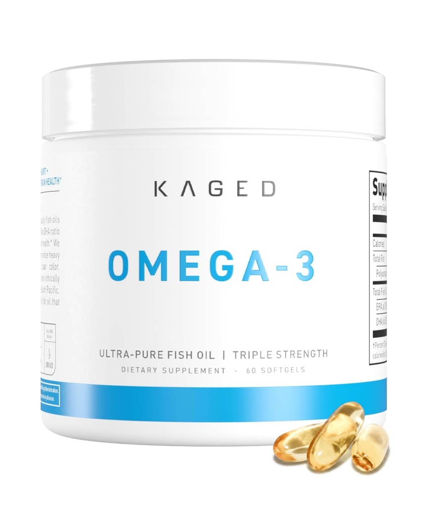 Kaged Omega 3 Rybí olej dodatek, 3000mg Omega 3 mastné kyseliny s EPA & DHA, Ultra-Pure, No Fish Burps, 60 pilulky