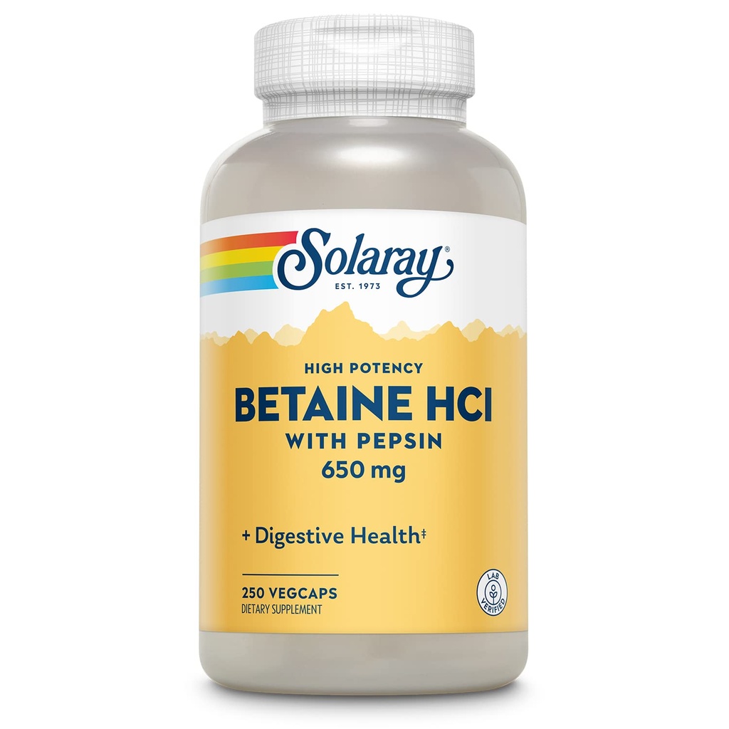 Solaray High Potency Betaine HCL s Pepsin - Doplněk kyseliny chlorovodíkové pro stravitelné zdraví - s Betaine Hydrochloride and Digestive Enzymes - Gut Health Support - 60denní záruka, 250 VegCaps