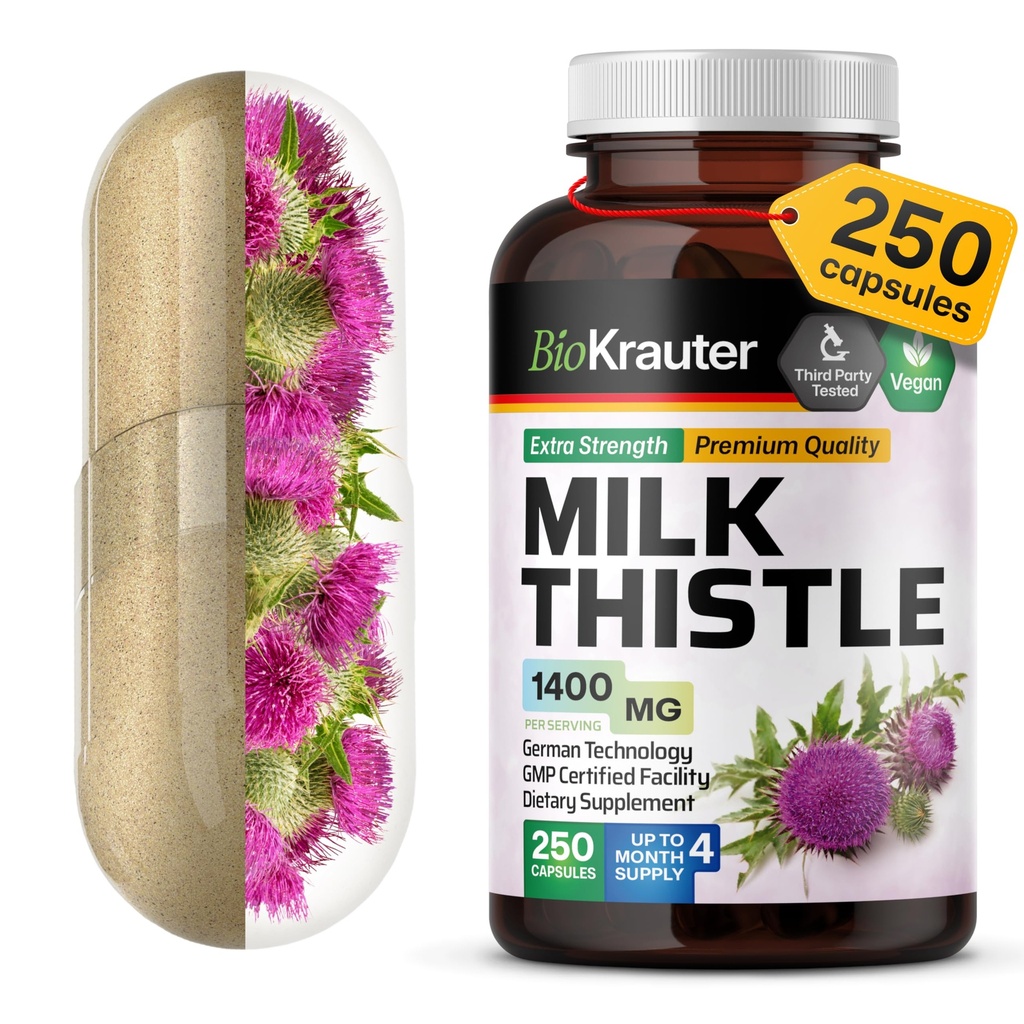 BIO KRAUTER ® Milk Thistle Supplement for Játra Cleanse & Detox - Pure Vegan Milk Thistle Extract 1400 mg per Serving Сontains Silymarin - 250 Kapsle, 125 Days of Supply, Non- GMO