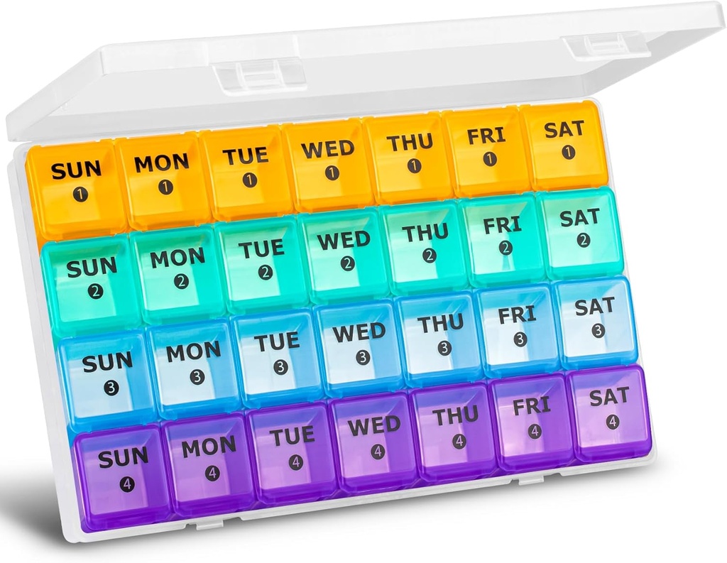 XL Velký měsíční Pill Organizátor 4 týdny, 28 Den Pill Organizátor Týdenní, Velký kompartment s cestovní pouzdro, 7 Den Pill Disperser 4 krát denně, Lékařský Organizátor Box pro vitamíny, Rybí olej
