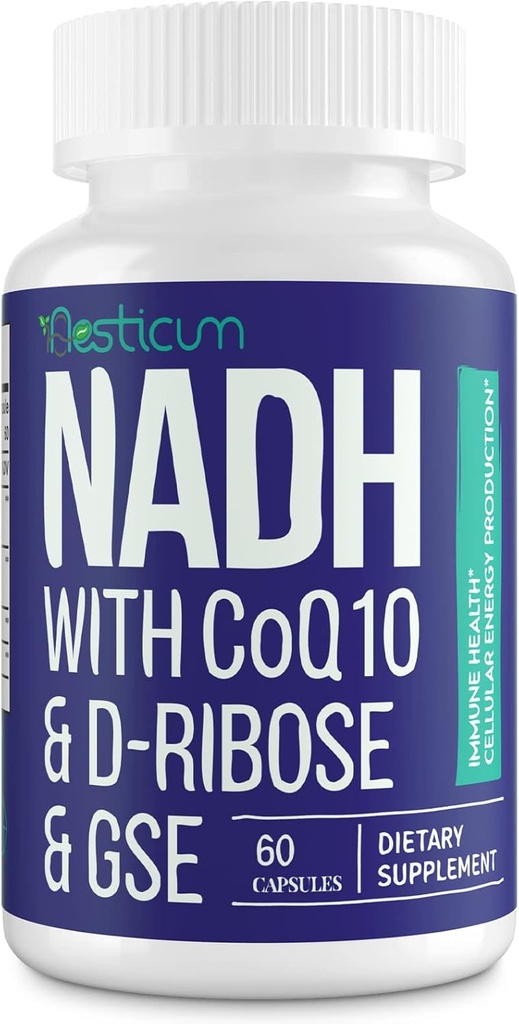 NADH 50mg + CoQ10 200mg + D- Ribose 150mg dodatek, zvýšení NAD + Doplňky pro imunitní systém, celulární energii, Focus, Reduced Nicotinamid Adenin Dinucleotid, 60 Veggie Kapsle