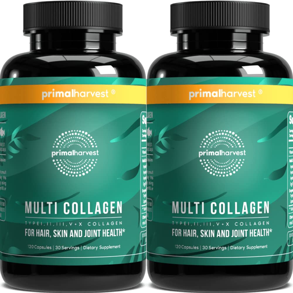 Primal Harvest 2 Pack, Multi kolagen pilulky pro ženy a muže (typ I, II, III, V, X) Kolagen doplňky pro ženy a muže, 120 Kapsle w / Vitamin C pro vlasy, kůže, nehty Collagen Peptides pilulky