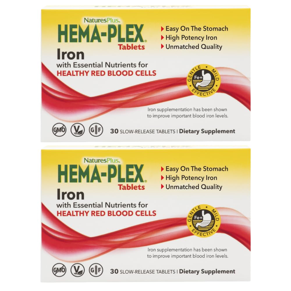 NaturesPlus Hema- Plex Iron - 30 Slow-Release Tablety, Balení 2 - Total Blood Health - 85 mg Chelated Iron - s vitaminem C & Bioflavonoidy - Non GMO, Vegetarian & gluten Free - 60 Total Servings