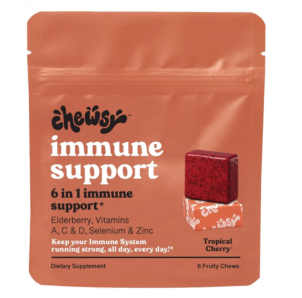 Chewsy - 6- in-1 Imunitate Support Fruity Chews with Elderberry - Vitamin C, A a D, Zinek a Selen - Individuálně zabalené - 6- Day Supply