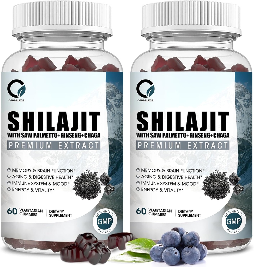 Himalayan Shilajit Gummies s 85 + stopové minerály & Fulvic Acid for Energy, imunitní, kognitivní podpora vysoké potence čisté přírodní shilajit dodatek pro muže a ženy 60 gummies (2 balení)