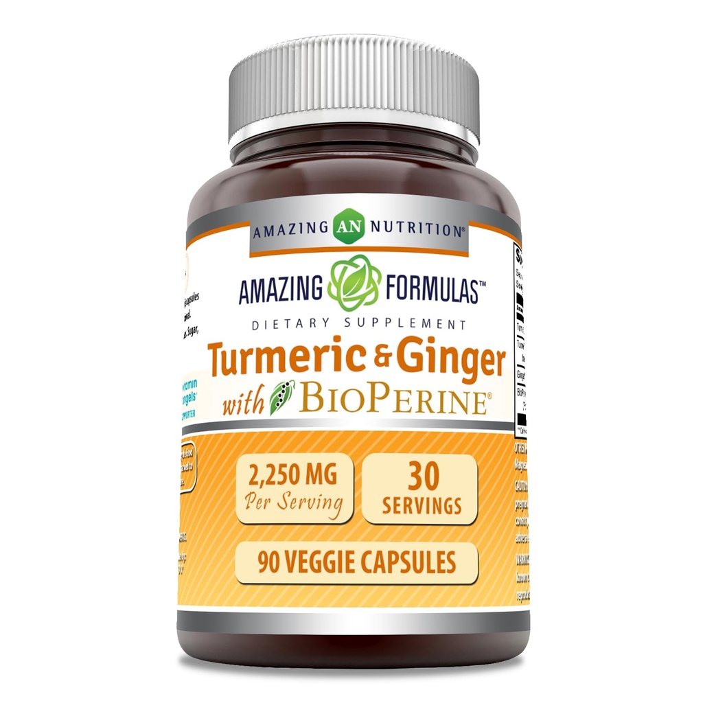 Amazing Applicas Kurkumin a zázvor s BioPerine dodatek 124; 2250 Mg CUR 124; 90 Veggie Kapsle 124; Non- GMO CUK124; gluten zdarma 124; Made in USA