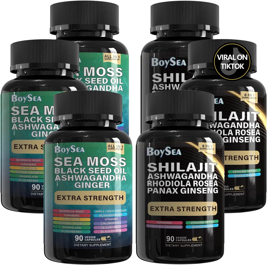 Boysea. Shilajit a Moss Bundle- 90 Hrabě - Mos Moss, Black Seed Oil, Ashwagandha, Ginger & Shilajit, Rhoddiola Rosea, Všechny v 1 Doplňky (3 Pc)