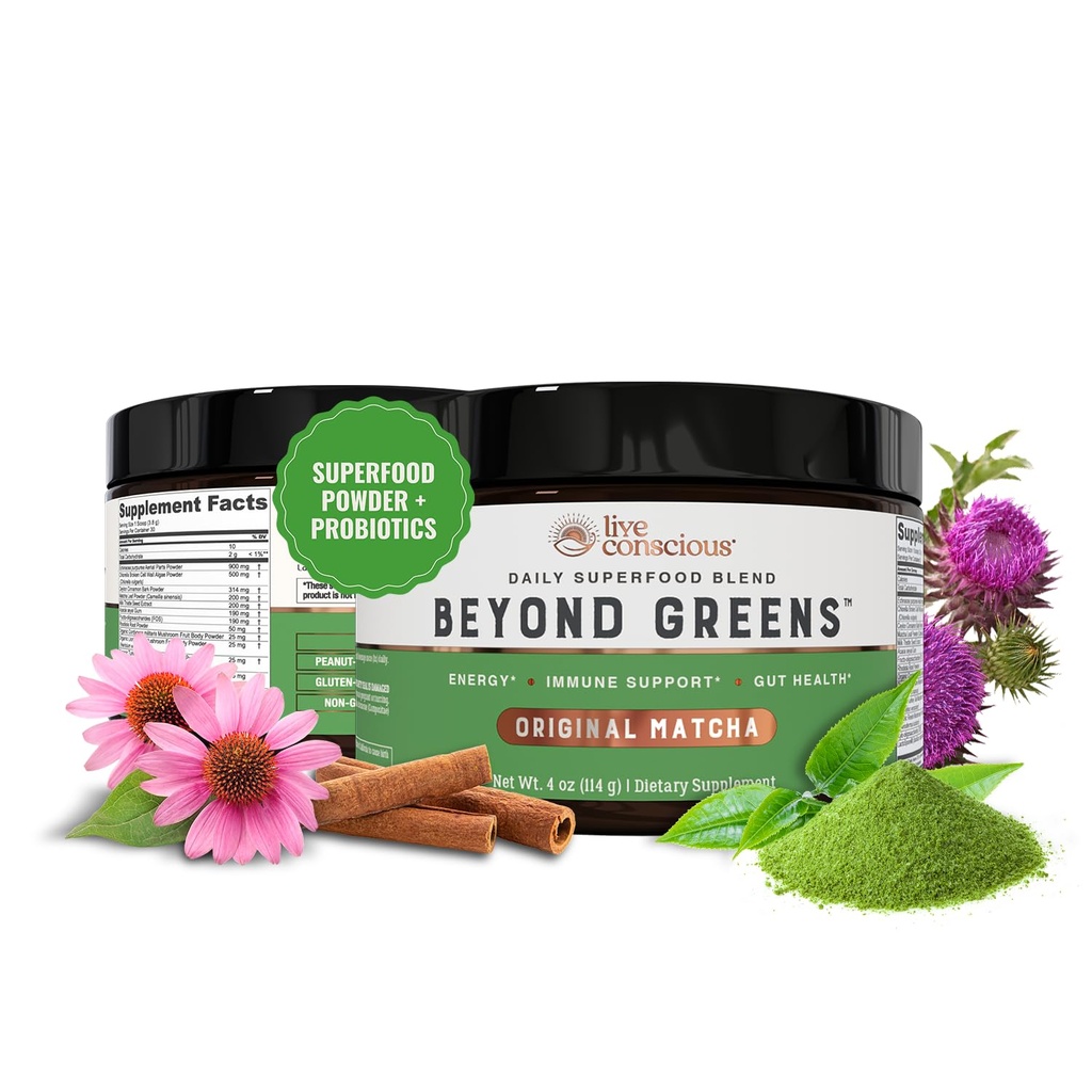 Live Conscious Beyond Green Superfood Powder - Delicious Defloating Super Green Powder - Matcha Green Blend w / Chlorella, Echinacea, Probiotika pro imunitní podporu a energii