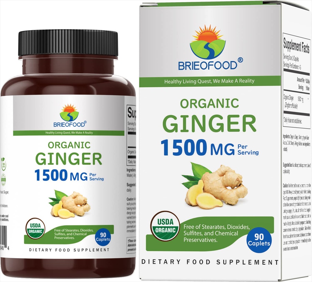 Brieofood Organic Ginger 1500mg, 45 Servings, Vegetarian, gluten Free, 90 Vegetarian Tablety