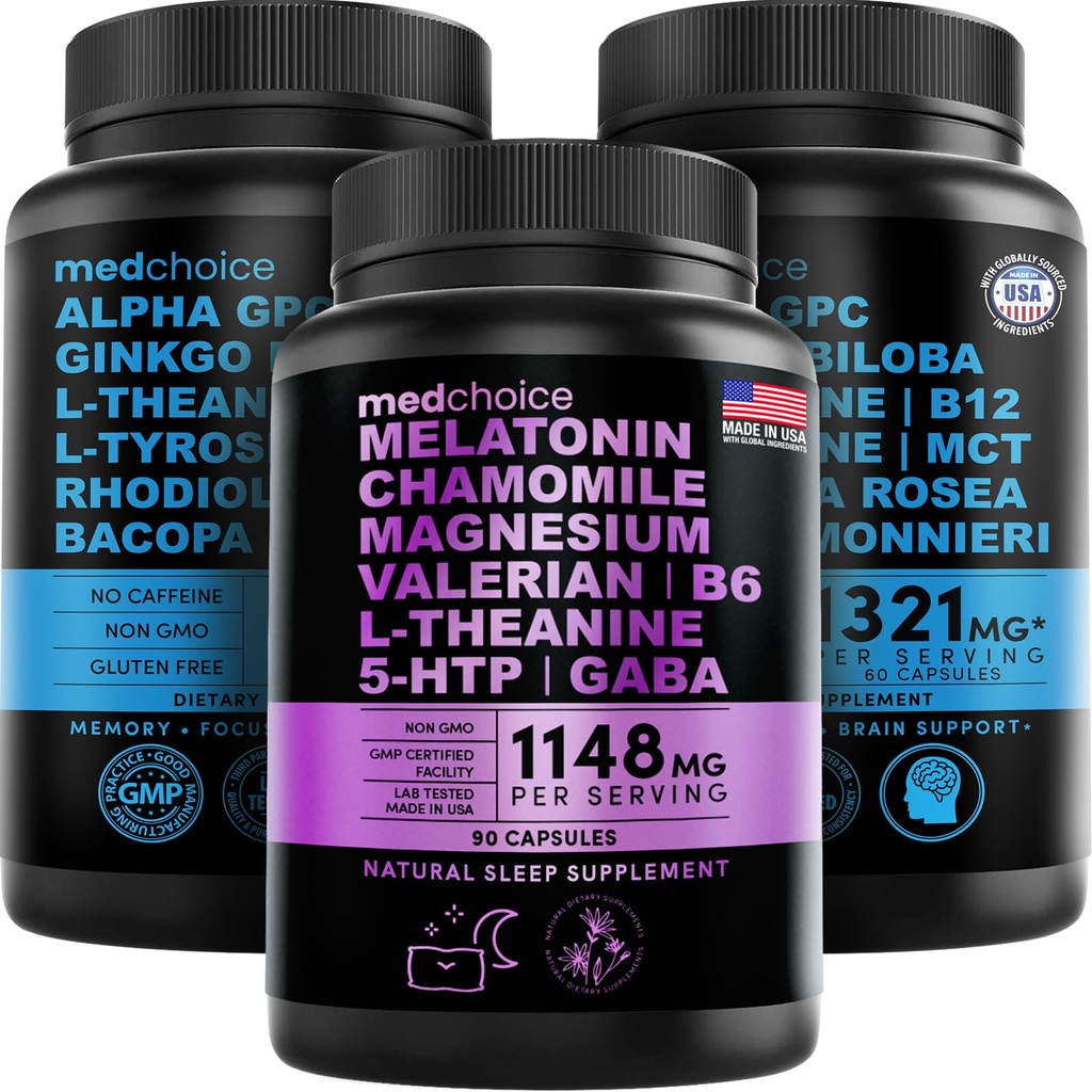 MEDCHOICE Sleep Melatonin (90ct) a Nootropic Brain (120ct) Doplněk Bundle - Wellness Duo pro spánek, mozek, Focus, & Mood Support - Vegan, Non- GMO, gluten- Free