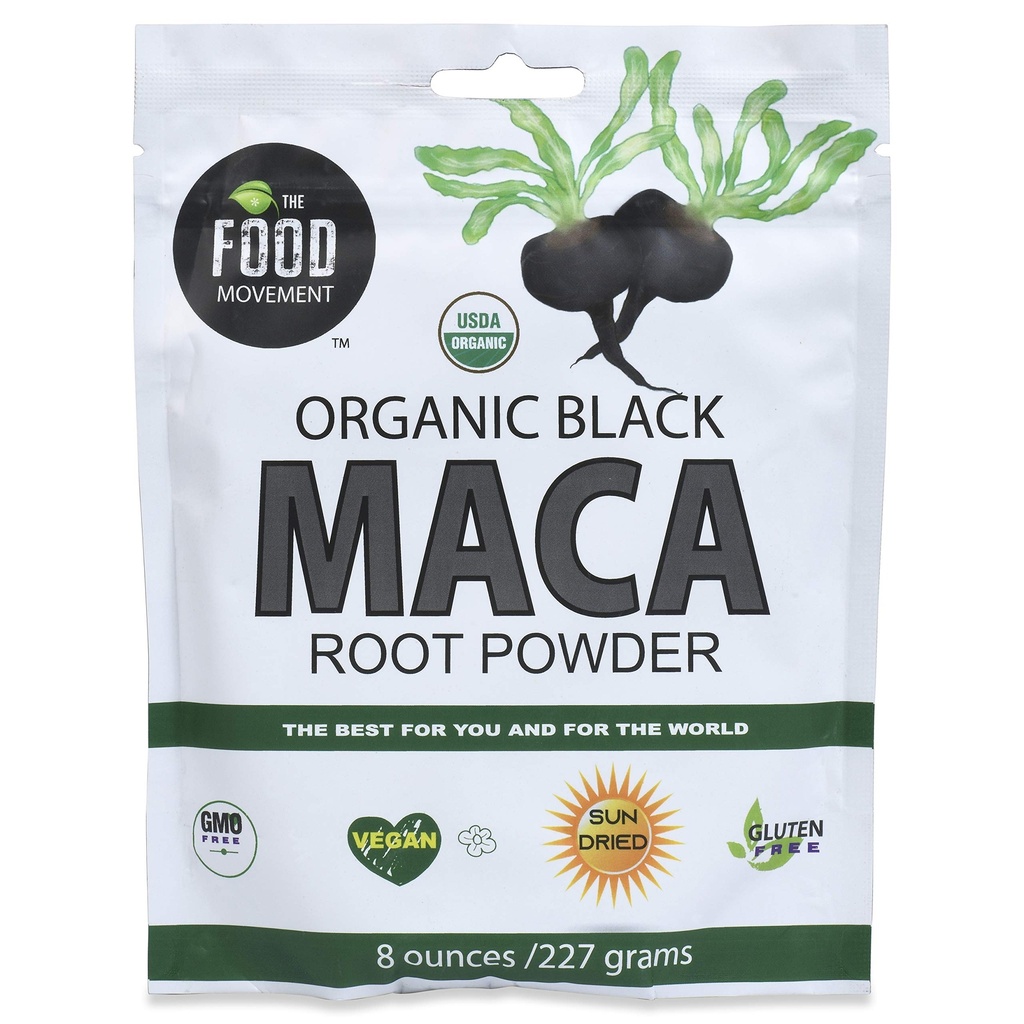 The Food Movement Co. Black Maca 8 oz Raw Food Powder - Organic, Non- GMO, Vegan, Gluten Free- Black Maca Root Supplement for Whole Body Wellness