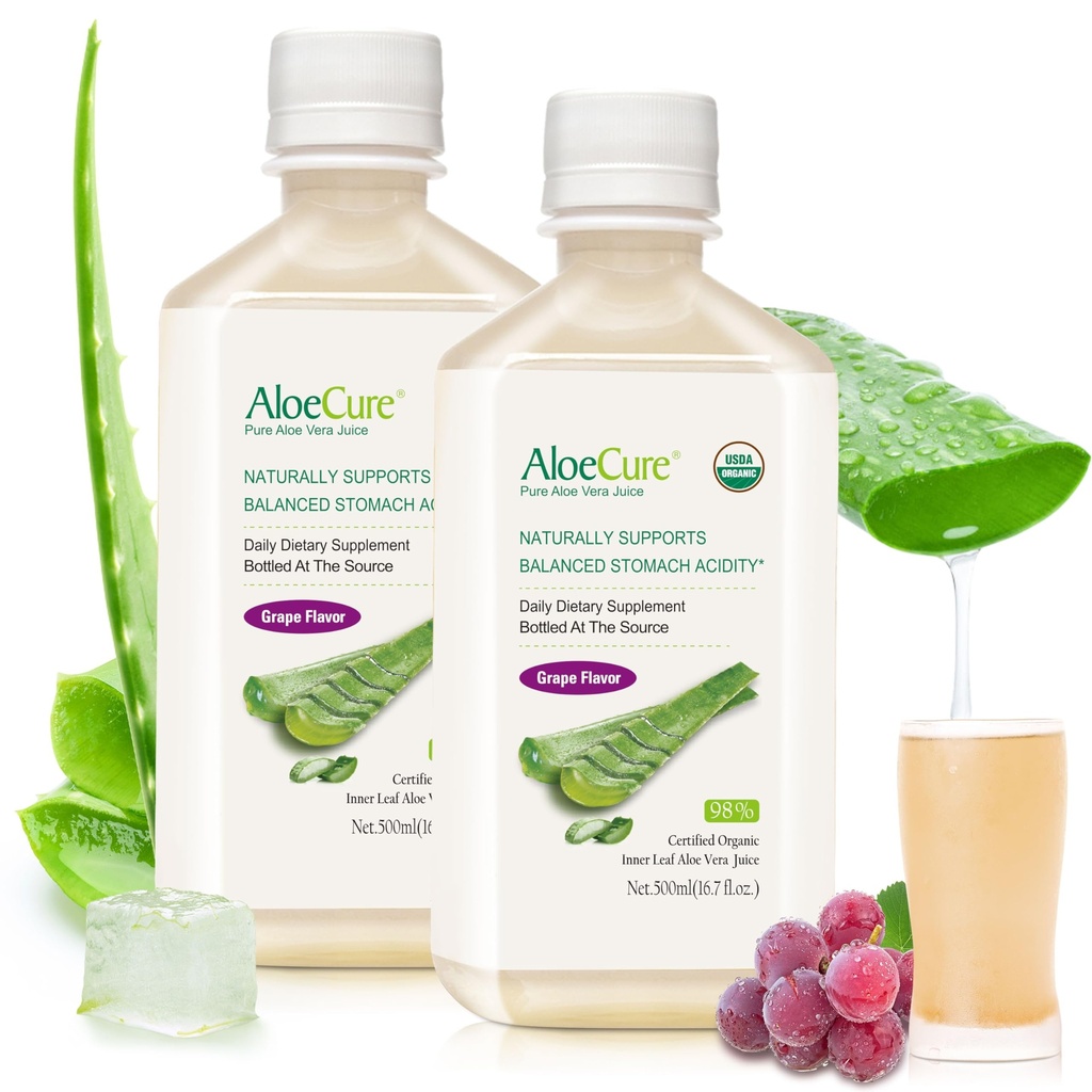 AloeCure USDA Organic Aloe Vera Juice Grape Flavor, Vyrobeno do 12 hodin sklizně - Čistá Aloe Vera Digestivní & Imunitní doplněk zdraví, Pomáhá udržet vyváženou kyselost žaludku, 16.7oz x 2 Btls
