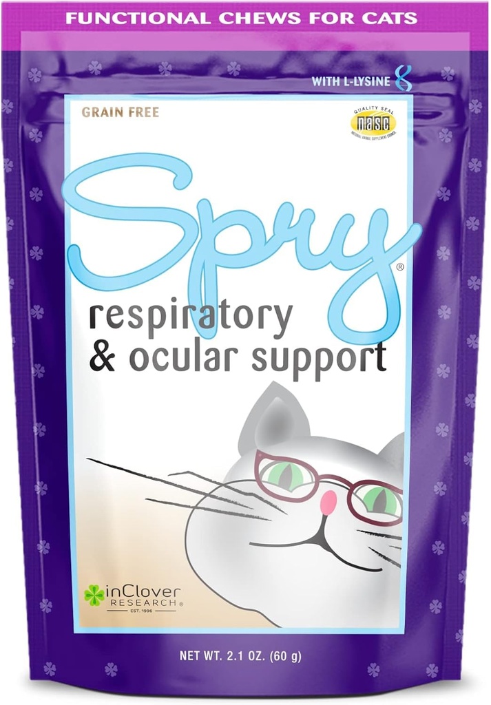 V Clover Spry Daily Respirační a oční podpora měkké žvýkačky pro kočky, s L- lysin, Superfoods, a Prebiotika pro silný imunitní systém, 2.1 oz. (60 počítat)