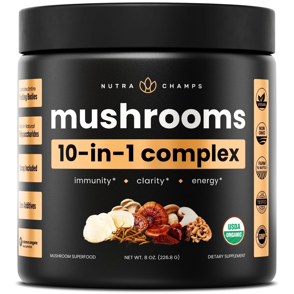 NutraChamps Organic Houba Powder - 10- in-1 Complex - Houbový dodatek Powder Blend for Memory, Focus & Immunication Support - 8oz (8.0 OZ, Houbová směs)
